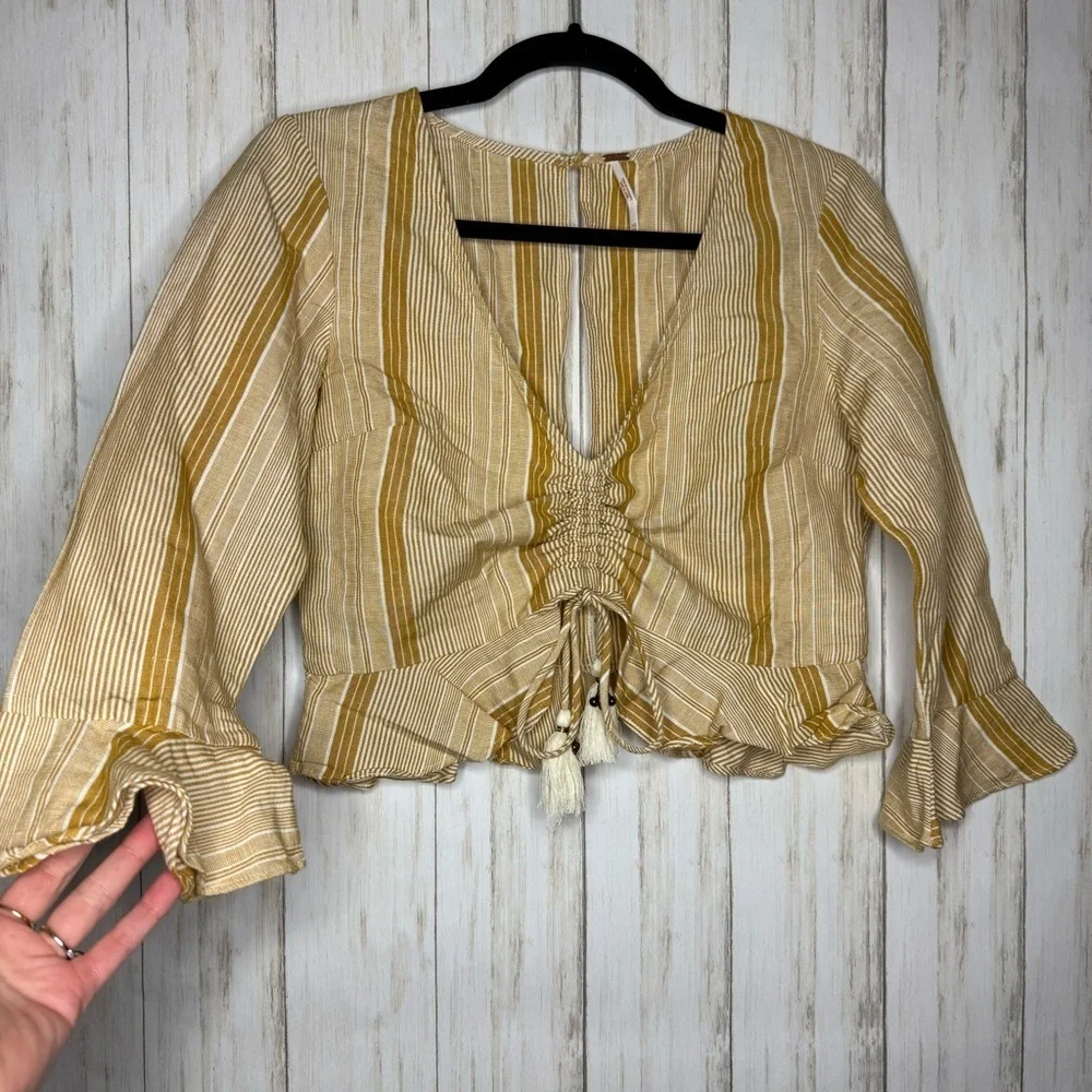 Free People Beige and Yellow Striped Crop Top